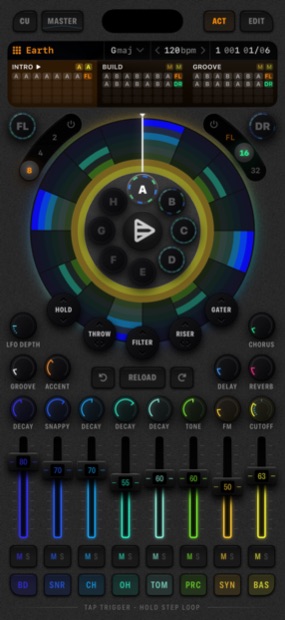 The Cue8 disk in ACT mode with eight channel rings, pattern hub, and performance pads