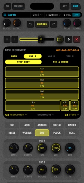 The Cue8 bass channel detail with the bass sequencer and oscillator controls