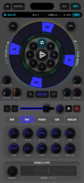 The Cue8 kick channel detail with presets, engine knobs, and the rumble layer