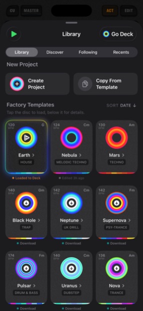 The Cue8 Library with factory templates drawn as colored disks