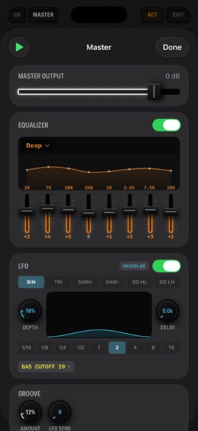 The Cue8 Master Console with output fader, eight band EQ, and the global LFO