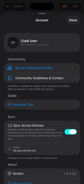 The Cue8 account sheet with community profile, welcome tour, and iCloud sync